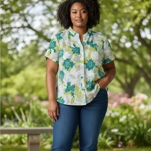Christopher & Banks Floral Blouse in Teal and Lime Button Up Short Sleeve XL
